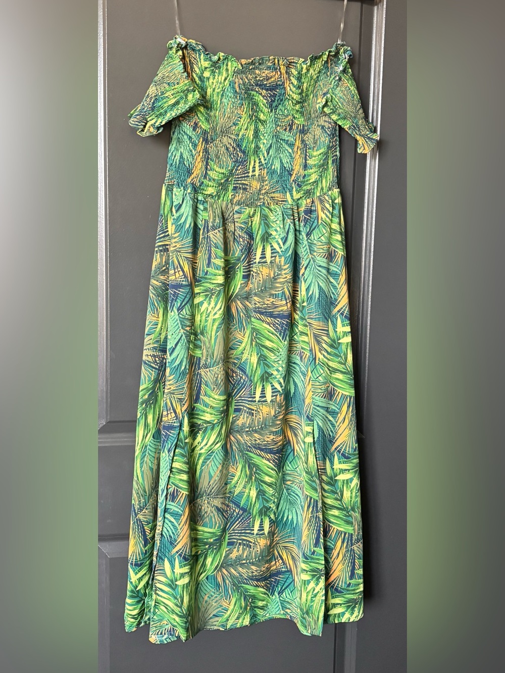 Smocked Off-Shoulder Maxi Dress in Green Tropical Print
